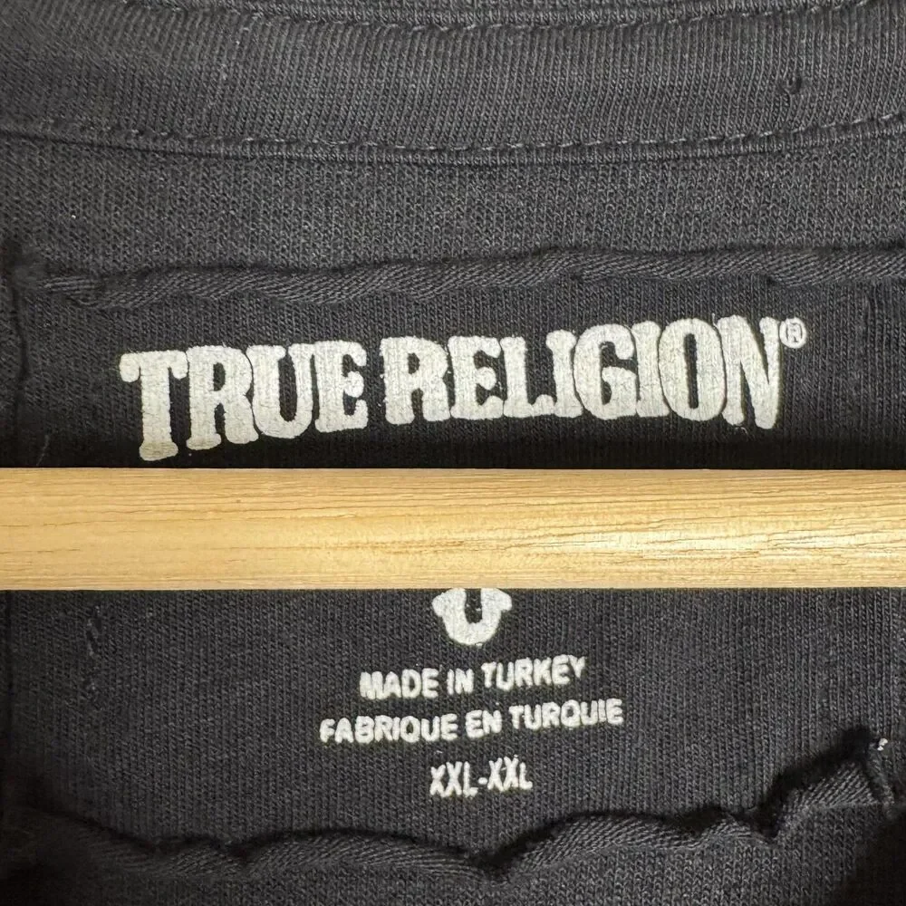 True Religion Sweater Mens 2XL Black White Contrast Stripe Crew Logo M18SF242K2G